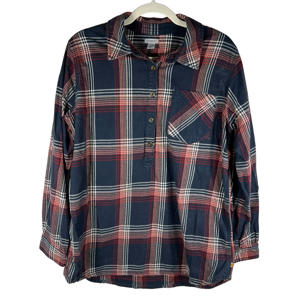 Carhartt Farwell Pullover Henley Flannel Shirt Large Navy Red Plaid Work Utility